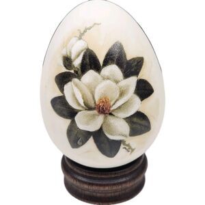 Vintage LaVerne Magnolia Flower Ceramic Egg with Wood Stand Home Decor 4 inches